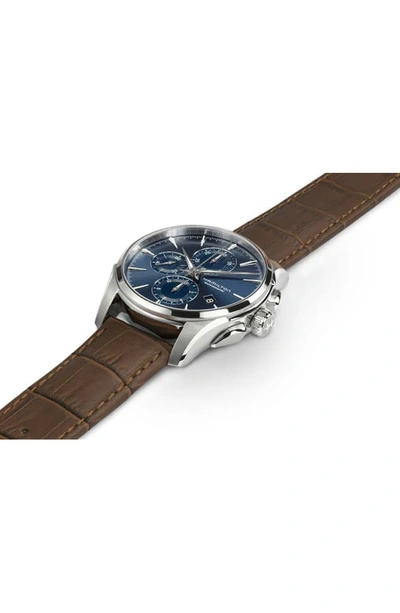 Shop Hamilton Jazzmaster Multifunction Automatic Leather Strap Watch, 42mm In Brown/ Blue/ Silver