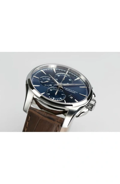 Shop Hamilton Jazzmaster Multifunction Automatic Leather Strap Watch, 42mm In Brown/ Blue/ Silver