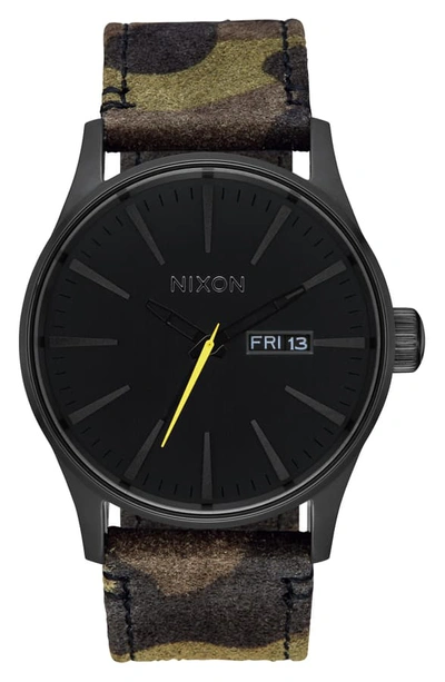 Shop Nixon The Sentry Leather Strap Watch, 42mm In Camo/ Black