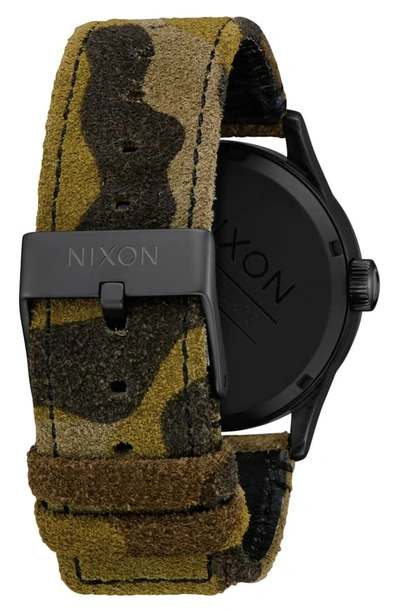 Shop Nixon The Sentry Leather Strap Watch, 42mm In Camo/ Black