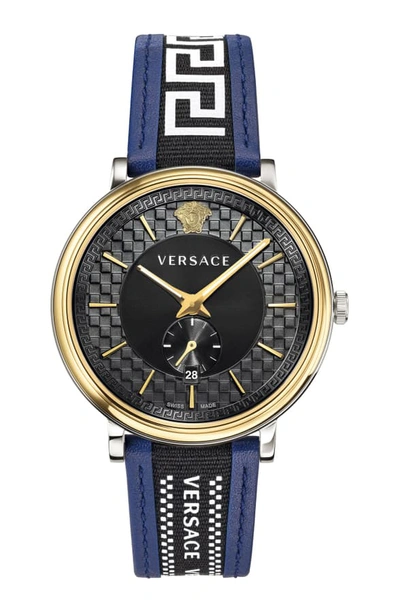 Shop Versace V Circle Greca Leather Strap Watch, 42mm In Blue/ Black/ Gold