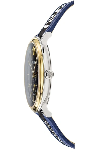 Shop Versace V Circle Greca Leather Strap Watch, 42mm In Blue/ Black/ Gold