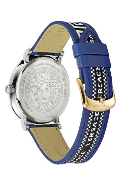 Shop Versace V Circle Greca Leather Strap Watch, 42mm In Blue/ Black/ Gold