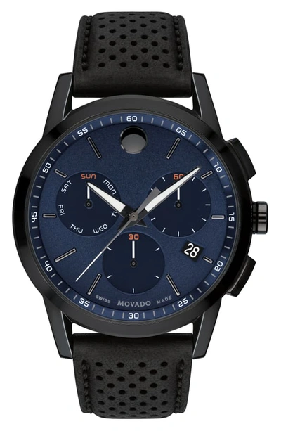 Shop Movado Museum Chronograph Leather Strap Watch, 43mm In Black/ Blue/ Gunmetal