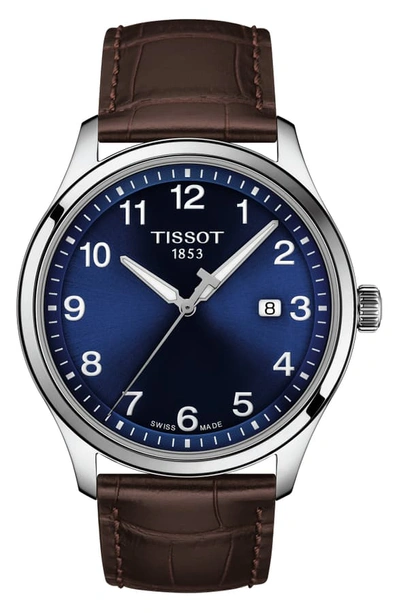 Shop Tissot Gent Xl Classic Leather Strap Watch, 42mm In Brown/ Blue/ Silver