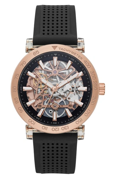 Shop Michael Michael Kors Greer Skeleton Silicone Strap Watch, 43mm In Black/ Rose Gold