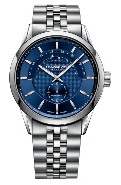Shop Raymond Weil Freelancer Halfmoon Automatic Bracelet Watch, 42mm In Silver/ Blue/ Silver