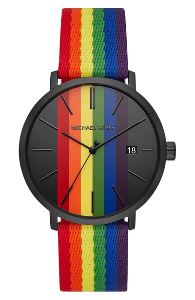 Shop Michael Michael Kors Blake Nylon Strap Watch, 42mm In Rainbow/ Black