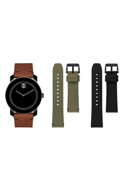 Shop Movado Bold Leather Strap Watch Set, 42mm In Cognac/ Green/ Black