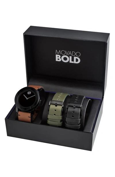 Shop Movado Bold Leather Strap Watch Set, 42mm In Cognac/ Green/ Black