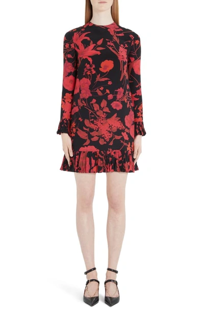 Shop Valentino Floral Long Sleeve Silk Crepe De Chine Minidress In 0nr-black/ Red