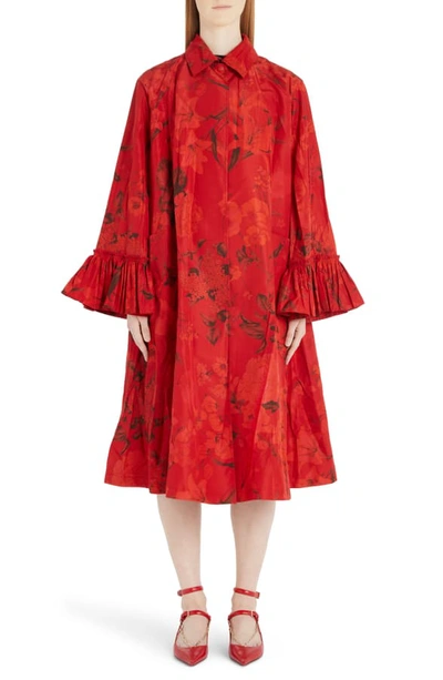 Shop Valentino Floral Long Sleeve Silk Crepe De Chine Minidress In 0nr-black/ Red