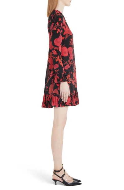 Shop Valentino Floral Long Sleeve Silk Crepe De Chine Minidress In 0nr-black/ Red