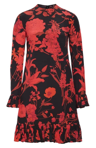 Shop Valentino Floral Long Sleeve Silk Crepe De Chine Minidress In 0nr-black/ Red