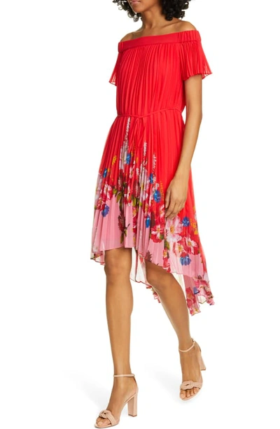 Shop Ted Baker Berry Gillyy Pleat Off The Shoulder Dress In Red