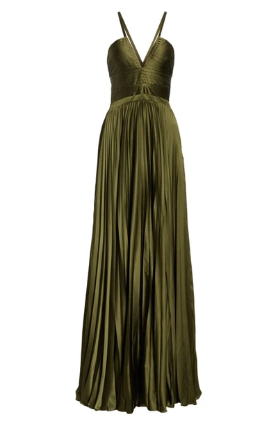 Shop Amur Valerie Pleated Satin Gown In Olive