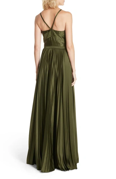 Shop Amur Valerie Pleated Satin Gown In Olive