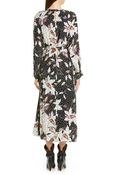 Shop Isabel Marant Floral Print Stretch Silk Long Sleeve Midi Dress In Black