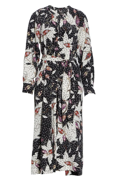 Shop Isabel Marant Floral Print Stretch Silk Long Sleeve Midi Dress In Black