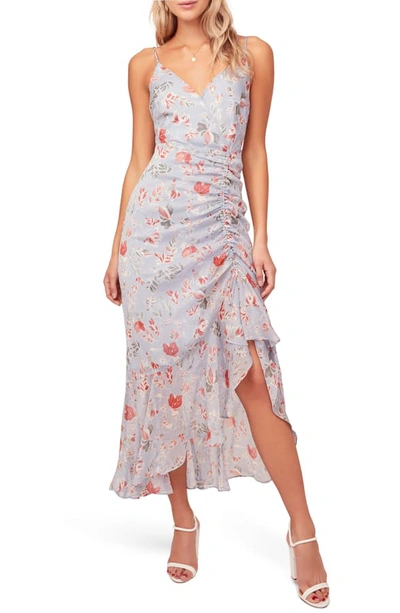Shop Astr Mariah Ruched Floral Print Midi Dress In Blue-red Floral