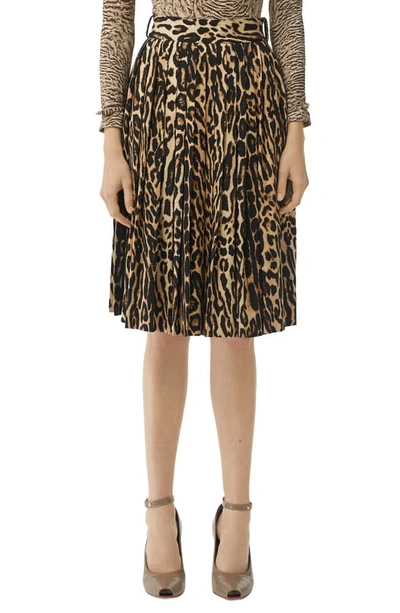 Shop Burberry Pleated Leopard Print Stretch Silk Skirt In Camel