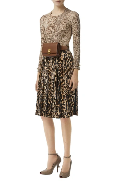 Shop Burberry Pleated Leopard Print Stretch Silk Skirt In Camel