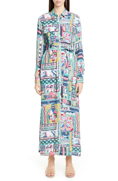 Shop Lafayette 148 Doha Palazzo Patchwork Print Maxi Shirtdress In Malachite Multi