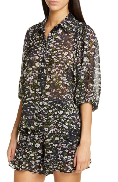 Shop Ganni Floral Print Georgette Shirt In Black