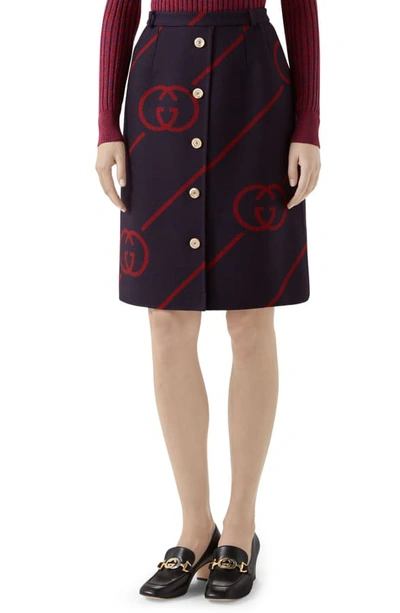 Shop Gucci Interlocking-g Print Reversible Wool & Silk Skirt In Blue/ Red