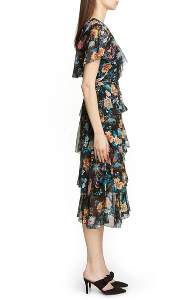 Shop Etro Fern & Floral Print Ruffle Wrap Dress In Black