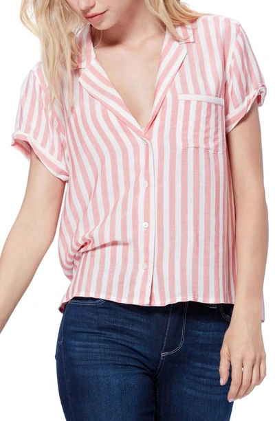 Shop Paige Stripe Button Up Short Sleeve Shirt In Watermelon