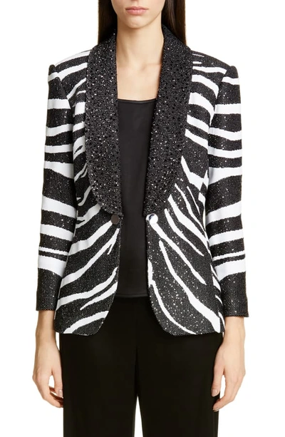 Shop St John Sequin Zebra Jacquard Knit Jacket In Caviar/ White