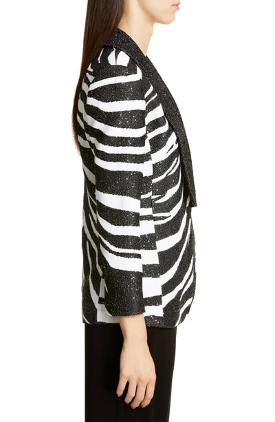 Shop St. John Sequin Zebra Jacquard Knit Jacket In Caviar/ White