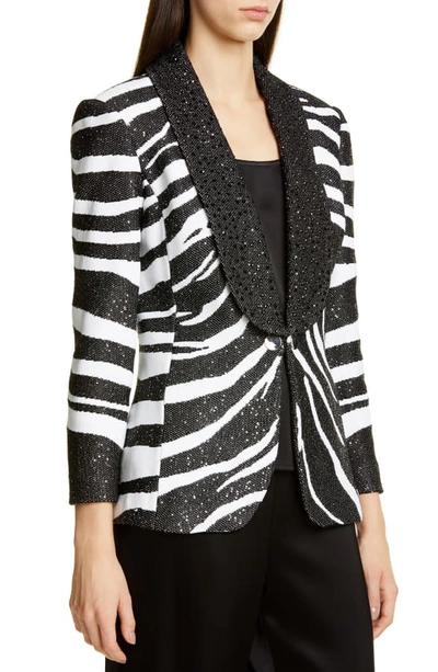 Shop St John Sequin Zebra Jacquard Knit Jacket In Caviar/ White