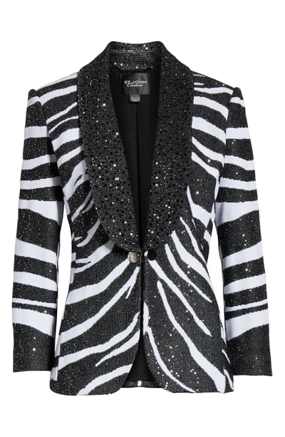 Shop St John Sequin Zebra Jacquard Knit Jacket In Caviar/ White