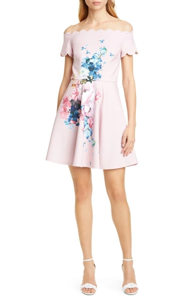 Shop Ted Baker Raspberry Floral Scallop Off The Shoulder Skater Dress In Light Pink