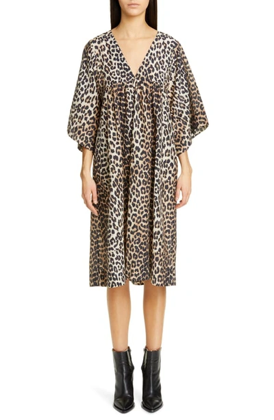 Ganni Leopard Print Oversize Cotton & Silk Midi Dress In Brown | ModeSens