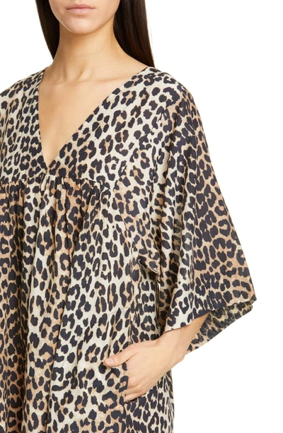 Shop Ganni Leopard Print Oversize Cotton & Silk Midi Dress