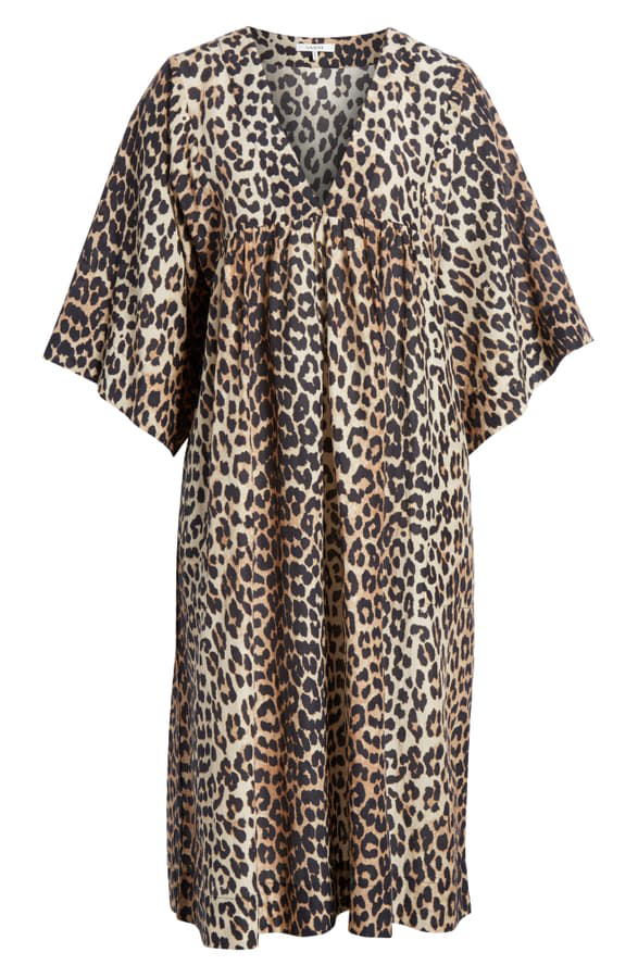 Ganni Leopard Print Oversize Cotton & Silk Midi Dress | ModeSens