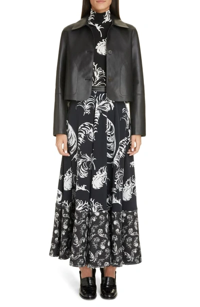 Shop Loewe Leather Cuff Feather Print Top In Black/ White