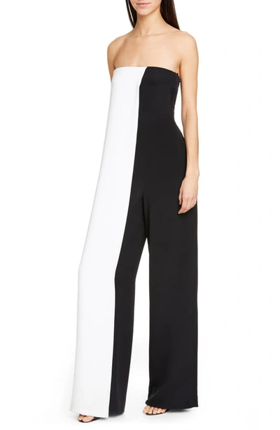 Shop Cushnie Colorblock Strapless Wide Leg Silk Jumpsuit In White/ Black