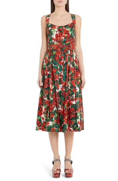 Shop Dolce & Gabbana Geranium Print Midi Dress In Red