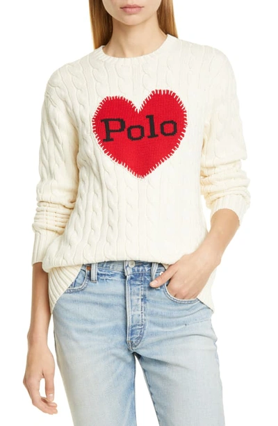 Polo Ralph Lauren Polo Heart Cotton Crewneck Sweater In Cream | ModeSens