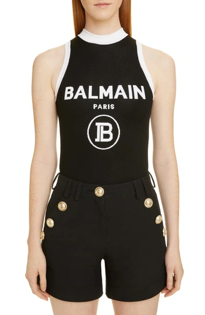 Shop Balmain Contrast Trim Logo Bodysuit In Eab Noir/ Blanc