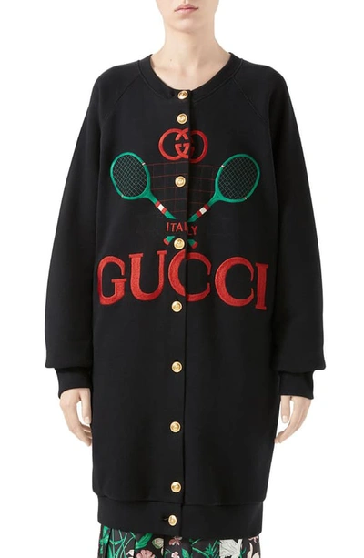 Shop Gucci Tennis Embroidered Reversible Cardigan Sweatshirt In Black/ Multicolor