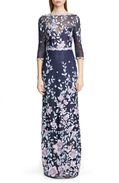 Shop Marchesa Notte Embroidered Floral Sheath Gown In Navy