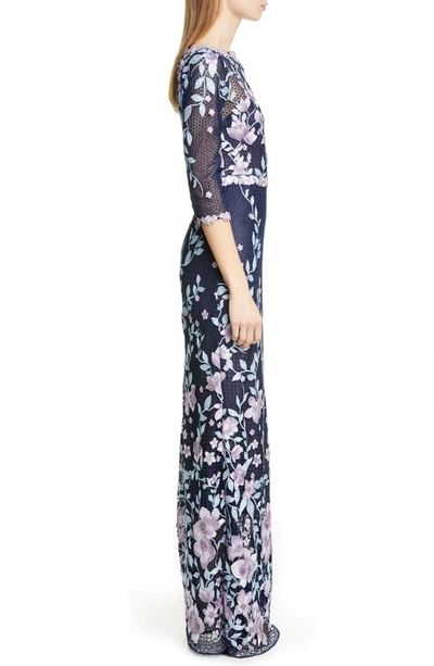 Shop Marchesa Notte Embroidered Floral Sheath Gown In Navy