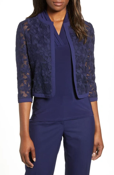 Shop Anne Klein Floral Lace Crop Cardigan In Eclipse