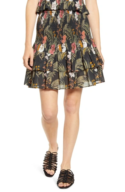 Shop Rebecca Minkoff Tropical Print Smocked Tiered Cotton Skirt In Black Multi