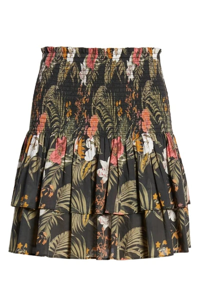 Shop Rebecca Minkoff Tropical Print Smocked Tiered Cotton Skirt In Black Multi